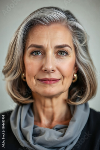 Senior businesswoman from Luxembourg. Mature lady with grey hair wearing classic formal outfit. Professional female headshot photo
