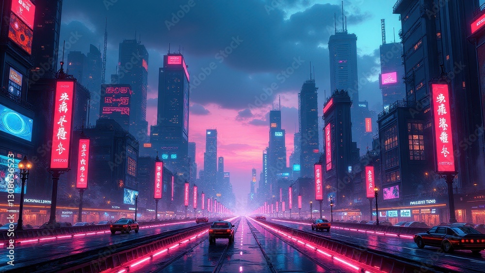 Fototapeta premium Neon-lit cityscapes, A neon-lit futuristic cityscape buzzing with life vibrant glass skyscrapers reflecting glowing lights under twilight ski