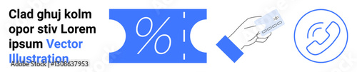 Discount voucher with percentage, hand using credit card for payment, phone helpline icon. Ideal for promotions, customer service, e-commerce, financial services, mobile apps, retail support lines