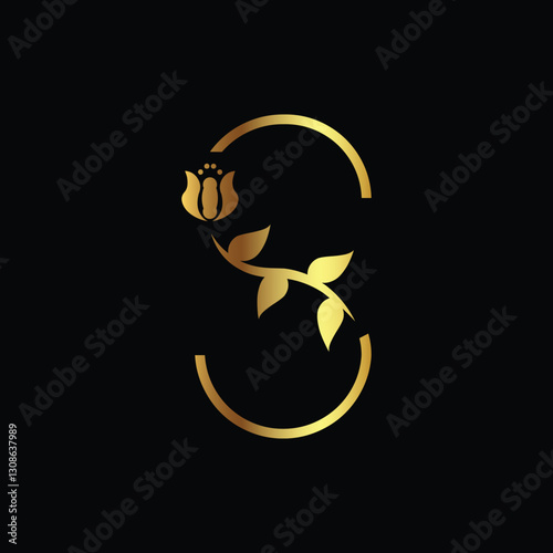 Elegant golden letter S with floral design on a black background for luxury branding and logo inspiration