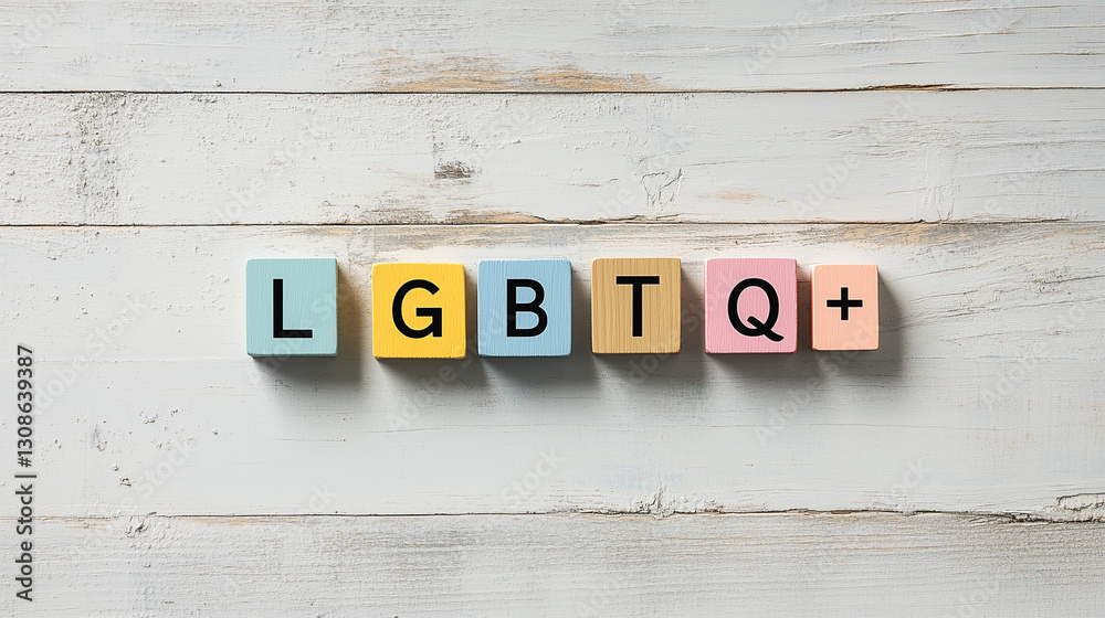 パステルカラーの木製ブロックが並ぶLGBTQ+ | ホワイトウッド背景 パステルカラーの木製ブロックが並ぶLGBTQ+ | ホワイトウッド背景