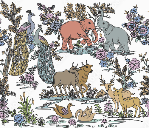  hand drawn various type jungle animals. pattern of Animal and flowers on a white background. Tropical jungle wallpaper illustrations. a storybook illustration, Annabel Kidston, exquisite detail.