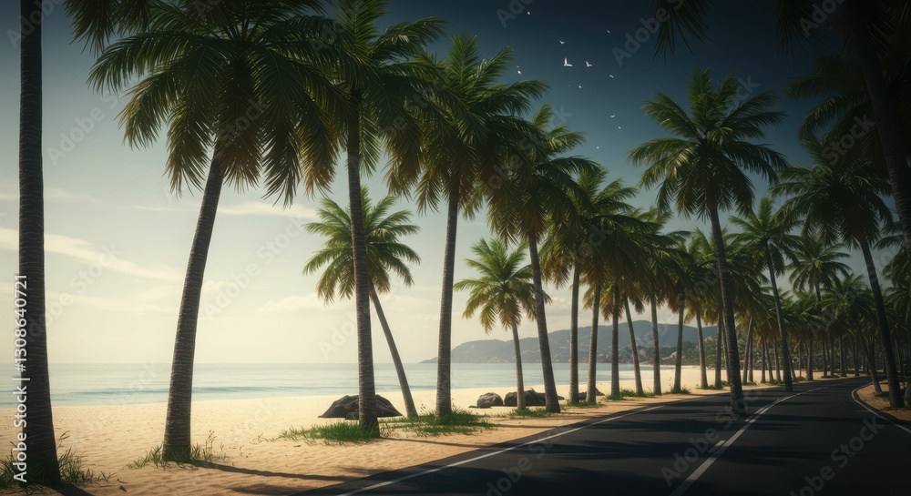 Scenic tropical beach road with palm trees and ocean views Scenic tropical beach road with palm trees and ocean views