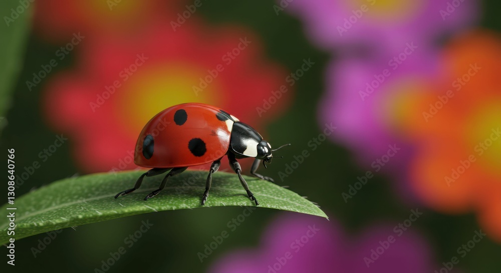 Fototapeta premium Colorful ladybug on leaf with vibrant floral background