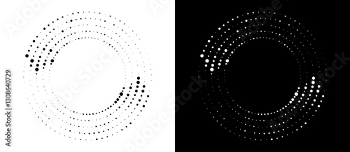 Circle abstract background with dynamic halftone dots like arrows. Black shape on a white background and the same white shape on the black side.