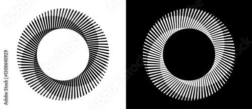 Set of circles with lines. Lines in one color with different thickness. Black spiral on white background and white spiral on black background. Dynamic design element, logo or icon.
