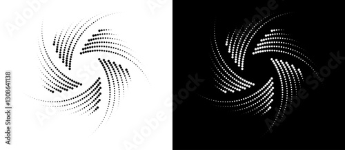 Abstract background with halftone dots in spiral. Modern circle dotted pattern. Black shape on a white background and the same white shape on the black side.