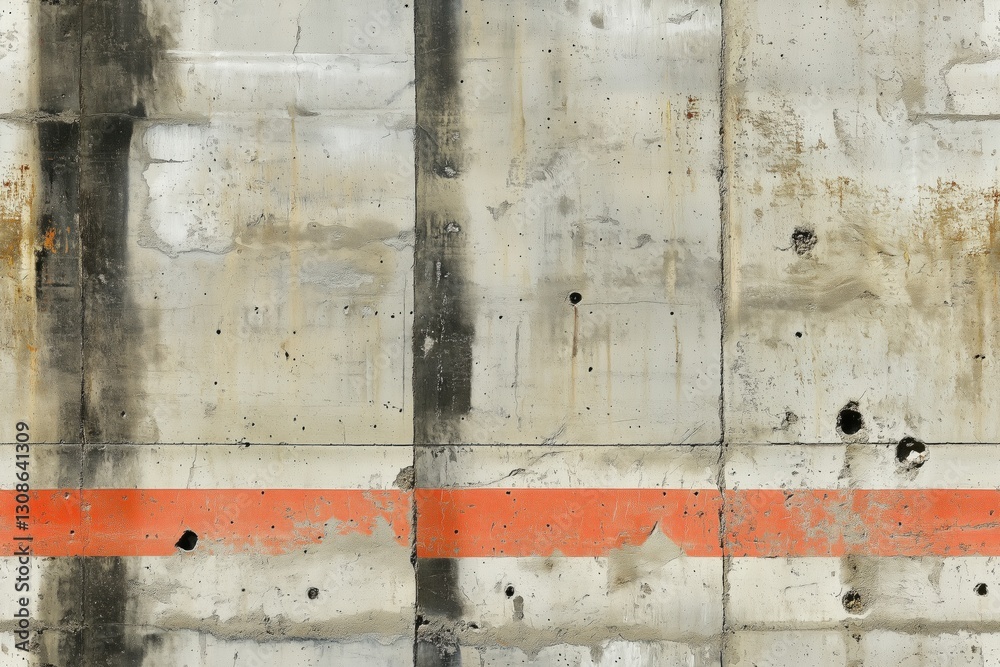 Naklejka premium Seamless concrete bunker with industrial military markings weathered wall featuring a horizontal red stripe. The surface shows signs of aging with stains, rust, and small holes.