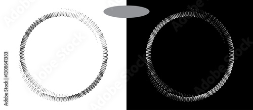 Modern abstract background. Halftone ovals in circle form. Round logo, design element or icon. Vector dotted frame. A black figure on a white background and an equally white figure on the black side.