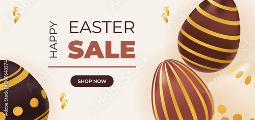 Happy Easter sale voucher with realistic chocolate gold eggs. Promotion, shopping template. Vector illustration of brown,beige colors. Concept for ad, discount, coupon, flyer