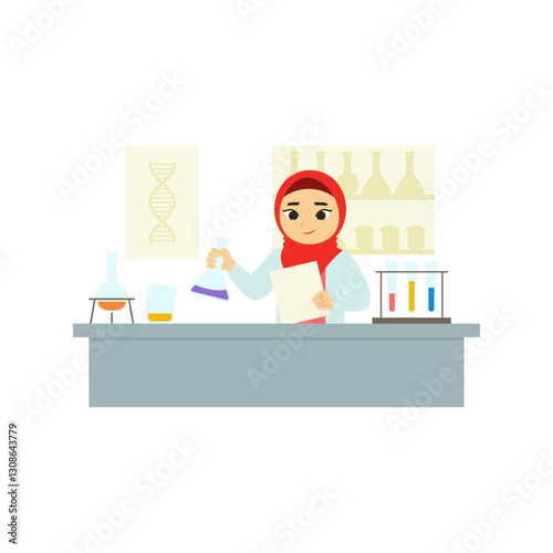 Muslim Women in Science 1 in Laboratory Holding Paper and Beaker