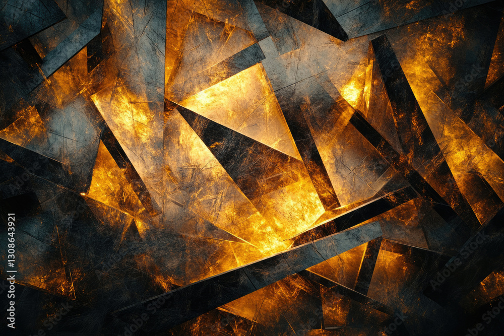 Fototapeta premium Abstract art featuring intersecting dark and golden metallic triangles, creating a dynamic and textured composition.