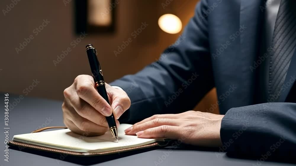 Professional notetaking sequence: businessman writing in notebook at desk in office setting Professional notetaking sequence: businessman writing in notebook at desk in office setting