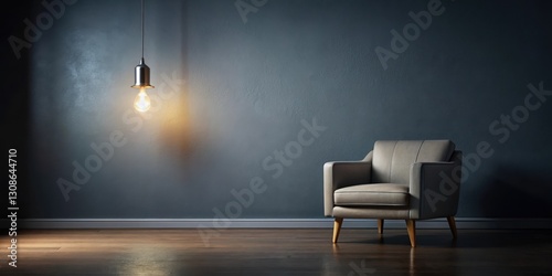 A single light bulb illuminates a dark, minimalist room with a single spotlight beam casting an eerie glow on the walls and furniture , modern, modern interior design