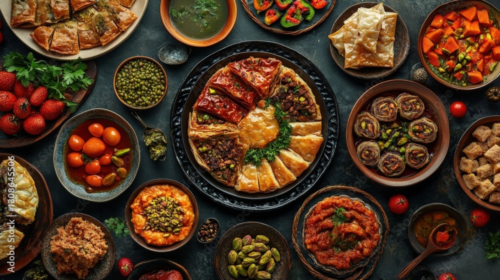 Exquisite Traditional Turkish Arabic Sweets Baklava Assortment with Pistachio Top View Copy Space Exquisite Traditional Turkish Arabic Sweets Baklava Assortment with Pistachio Top View Copy Space