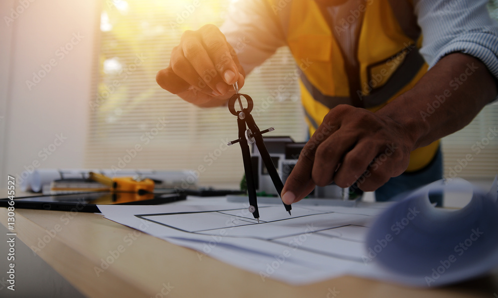 Image of engineer meeting for architectural project. working with partner and engineering tools on workplace vintage tone. Image of engineer meeting for architectural project. working with partner and engineering tools on workplace vintage tone.
