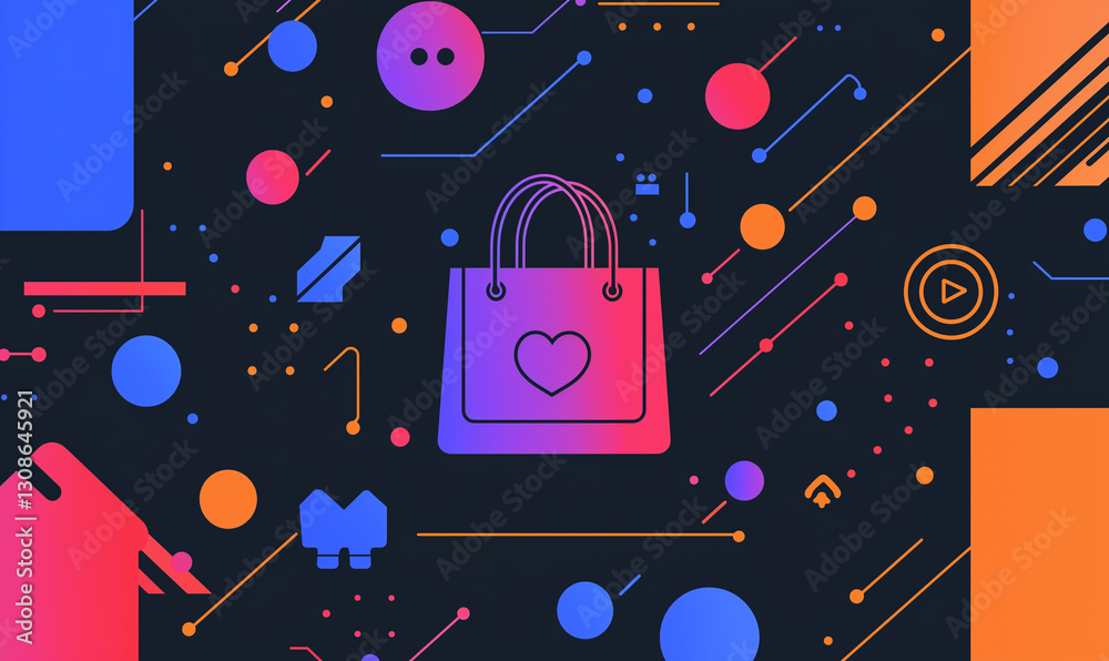 Fototapeta premium Colorful digital background featuring a shopping bag symbol amidst various geometric shapes and icons.
