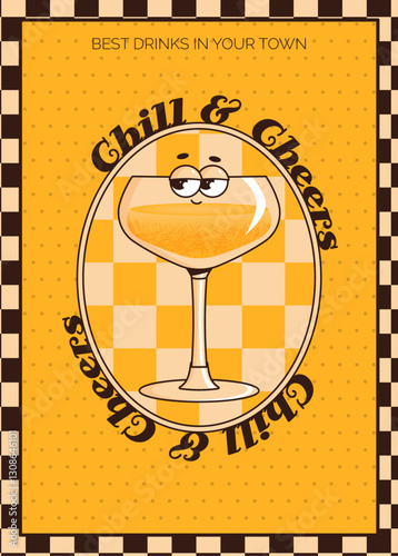 Groovy character cocktail. Retro poster, flyer with alcoholic or nonalcoholic drink. Vintage vector illustration 70s, 80s style for cafe, bar, lounge. Yellow colors