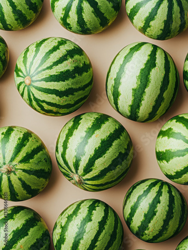 Many watermelons arranged on a beige background.