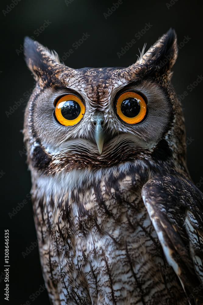 Obraz premium An owl with striking orange eyes staring intently, its detailed feathers and sharp gaze creating an air of wisdom, mystery, and observation