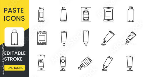 A collection of paste icons featuring various packaging designs, including tubes, sachets, and dispensers. These icons are perfect for illustrating medical ointments, cosmetic creams, editable stroke
