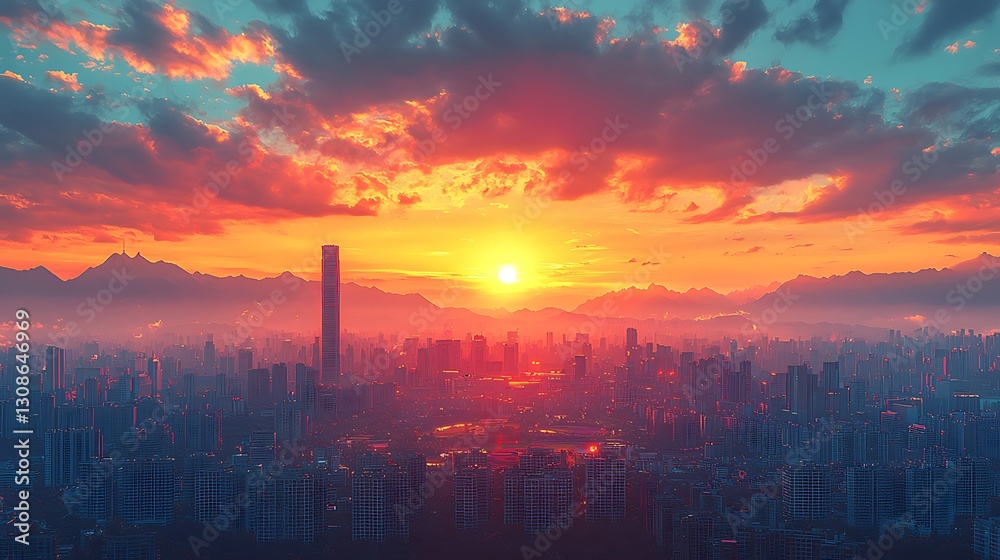 Fototapeta premium Stunning Cityscape Sunset Panorama Vibrant Sky Skyline and Mountains