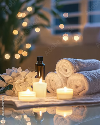 Spa Serenity: A tranquil spa setting is bathed in soft candlelight, with neatly rolled white towels, fragrant essential oils, and delicate flowers creating an atmosphere of peace and relaxation.