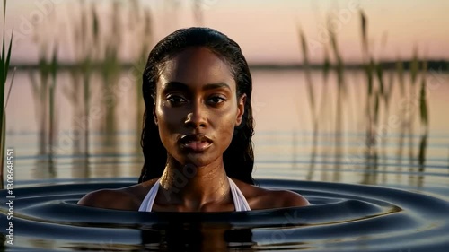 Serene sunset swim: woman emerging from water amidst natural beauty photo
