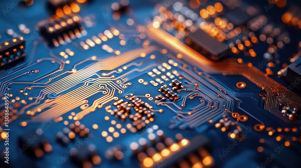 Close-Up of Electronic Circuit Board with Detailed Components and Lines Close-Up of Electronic Circuit Board with Detailed Components and Lines