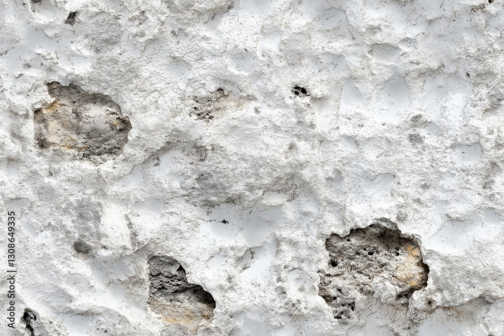 Fototapeta premium Seamless rough textured white wall with rough patches and small holes, showcasing an aged and weathered appearance.
