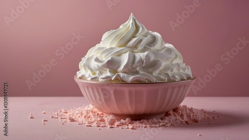 A bowl of fluffy whipped cream against a pastel pink textured background, highlighting its creamy texture and inviting appearance.
Автор: Steven