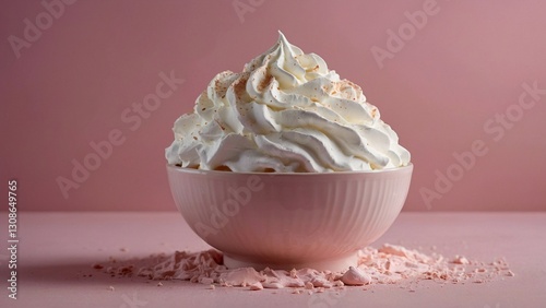 A bowl of fluffy whipped cream against a pastel pink textured background, highlighting its creamy texture and inviting appearance.
Автор: Steven