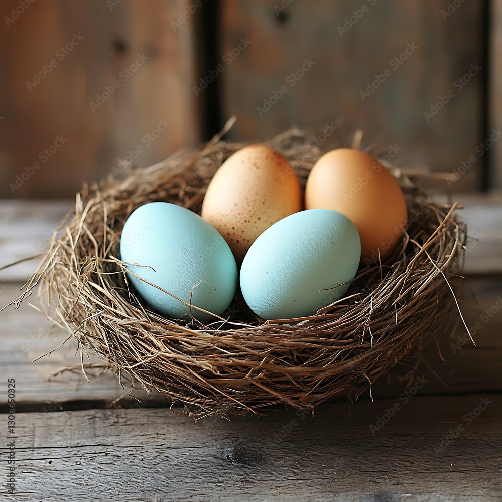 Colorful eggs in rustic nest Colorful eggs in rustic nest
