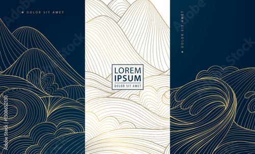 Vector wave line abstract background, modern art japanese pattern. Sea, ocean, desert, mountains landscape, luxury oriental covers.