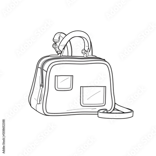 Luggage bag flat sketch vector mockup template technical illustration.