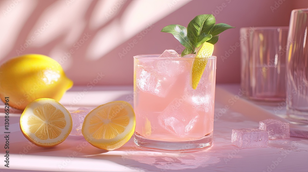 Fototapeta premium A Refreshing Pink Lemonade in a Textured Glass: A Summer Moment with Sunlit Lemons and Ice