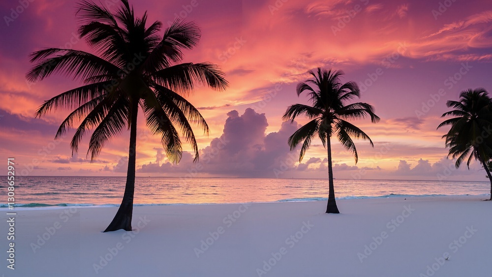 Sunset on a white sand beach with palm trees during a tropical romantic seaside holiday