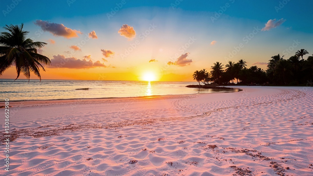 Sunset on a white sand beach with palm trees during a tropical romantic seaside holiday