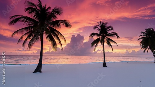 Obraz na płótnie Sunset on a white sand beach with palm trees during a tropical romantic seaside holiday w salonie