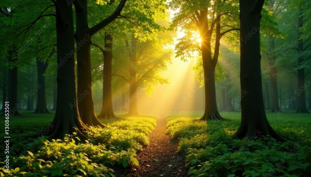 Obraz premium Golden sunlight dappling forest floor, lush green canopy, green, forest