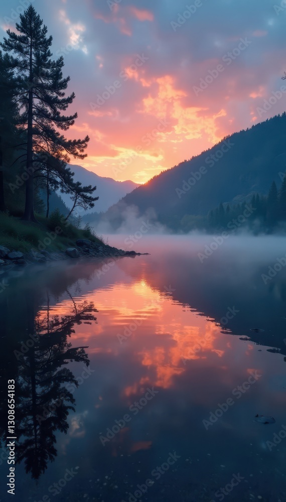 Misty lake, glowing embers, still waters reflect sky , background, sky Misty lake, glowing embers, still waters reflect sky , background, sky
