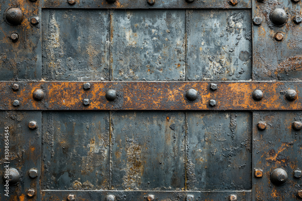 Rusty metal door with rivets and aged texture, showing signs of wear and time. Rusty metal door with rivets and aged texture, showing signs of wear and time.