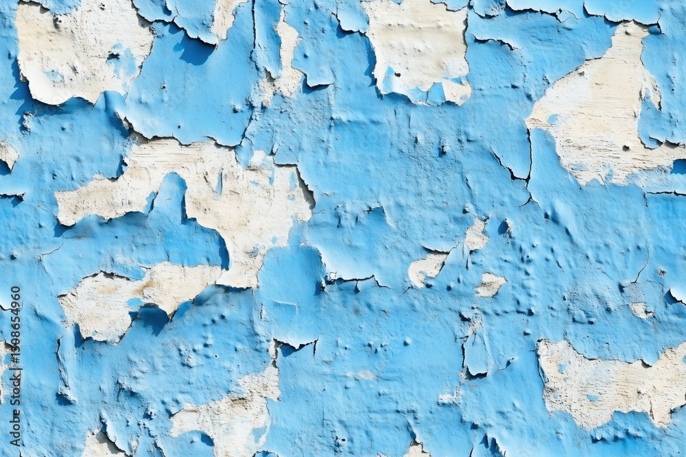Obraz premium Seamless worn paint concrete weathered blue wall with peeling paint, showcasing a textured surface with cracks and flakes.