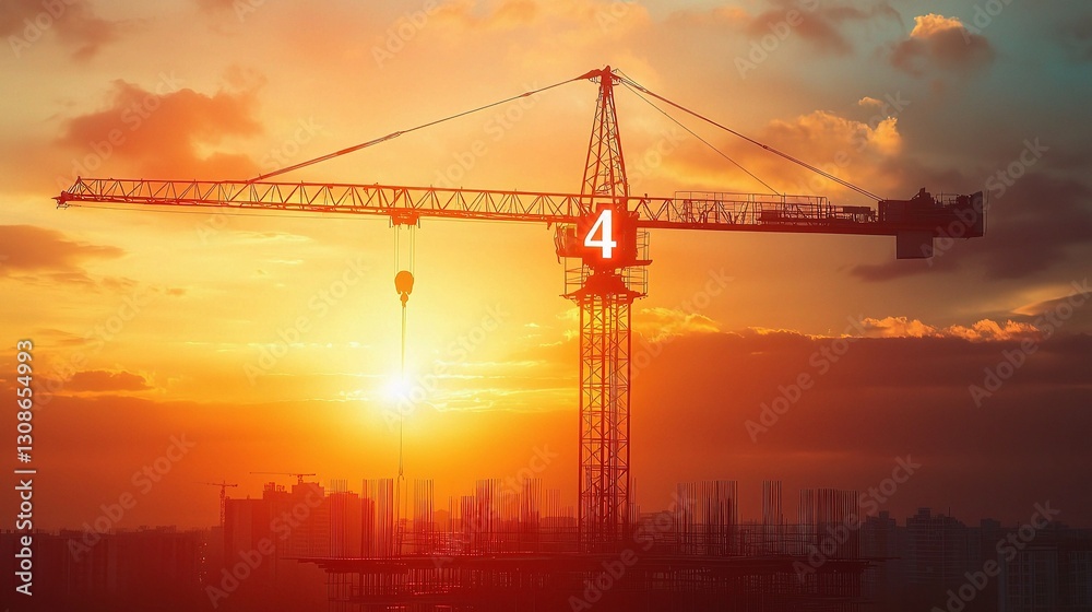 Sunset Construction Scene with Crane Symbolizing Progress and Numbers Sunset Construction Scene with Crane Symbolizing Progress and Numbers