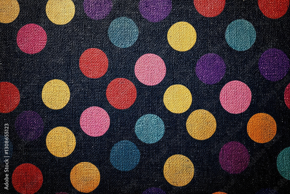 A dark background with colorful polka dots of varying sizes and shades.