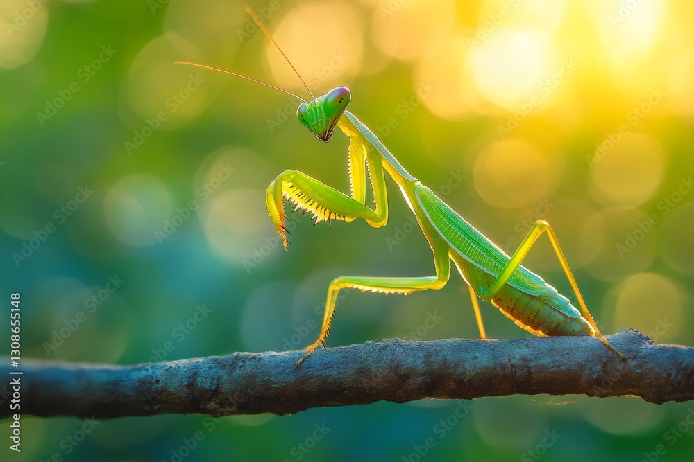 Praying mantis posing on a branch at sunset, close up of an insect Praying mantis posing on a branch at sunset, close up of an insect