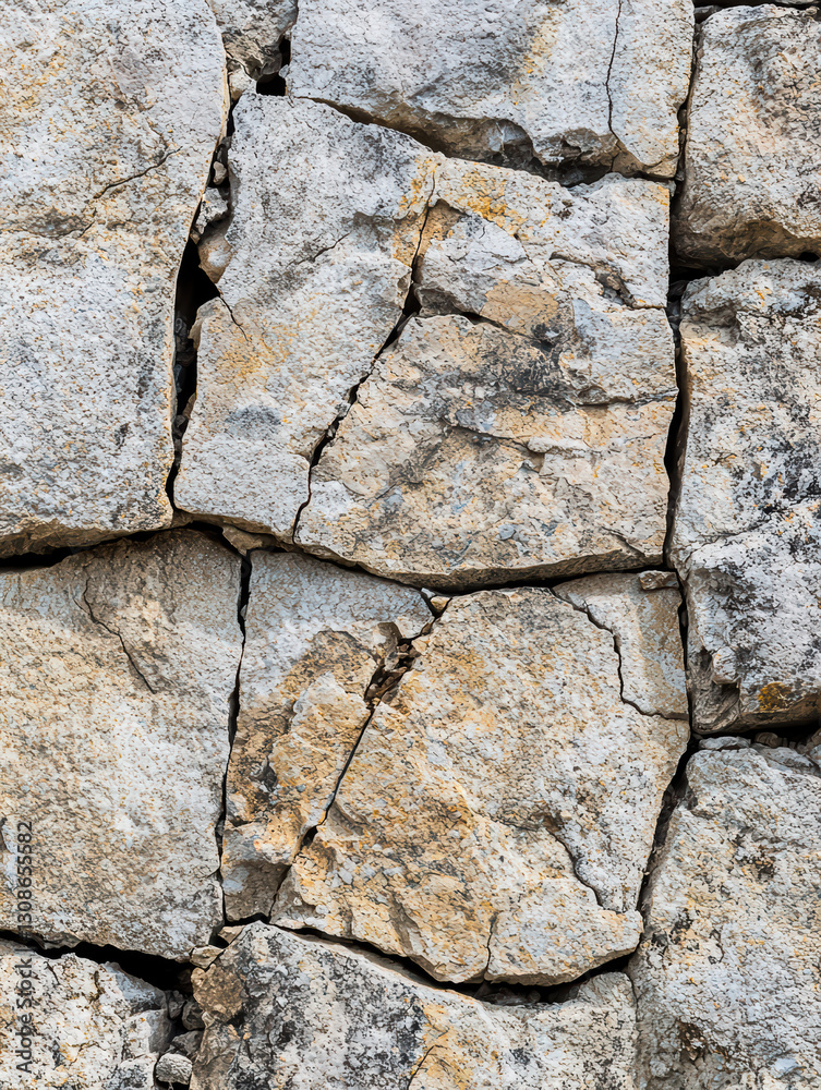 Fototapeta premium Stone Wall Texture: Weathered and textured stone wall, featuring an aged, rough surface, revealing details of the material's natural variation and resilience.