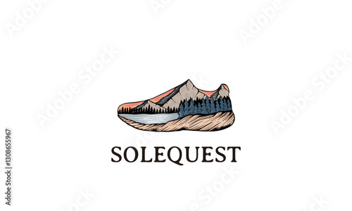 A stylized logo depicting landscape elements inside a running shoe