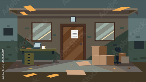 The small wooden office once bustling with customers now stood abandoned and boarded up.. Vector illustration