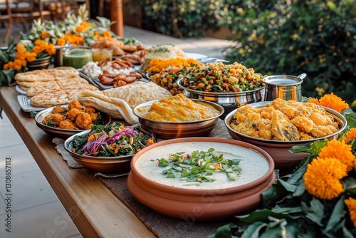 Festive Baisakhi feast with traditional Indian dishes and vibrant garnishes